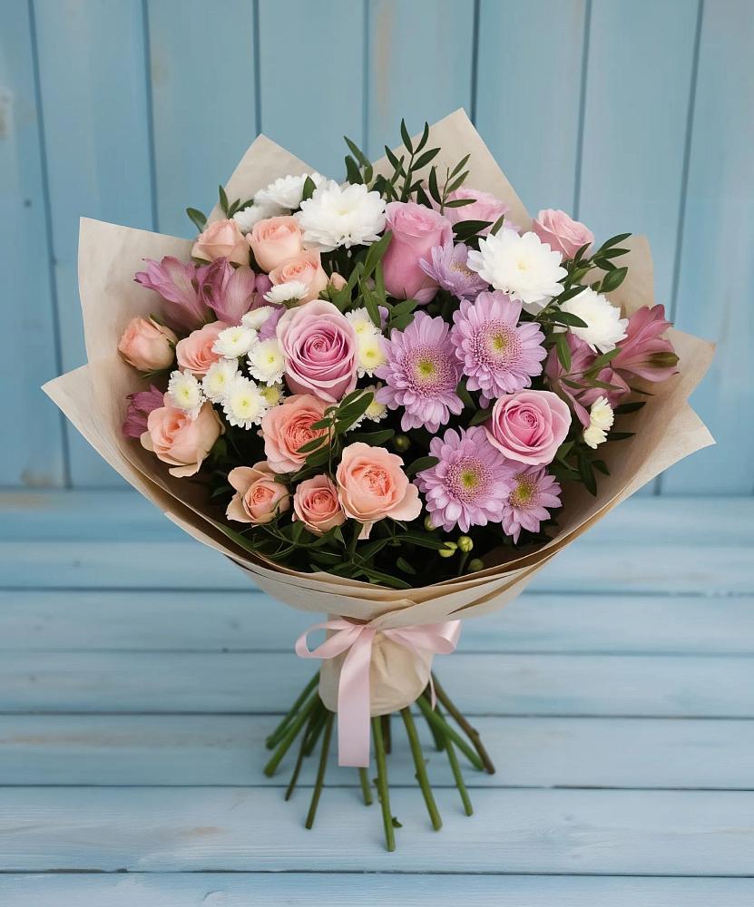 Букет цветов из: Хризантемы, Розы и Альстромерии в Лесном Рязанской области