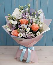 Букет цветов из:  Лизиантусы, Розы, Альстромерии и Гипсофила в Лесном Рязанской области