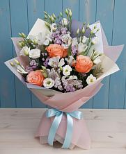 Букет цветов из:  Лизиантусы, Розы, Альстромерии и Гипсофила в Лесном Рязанской области