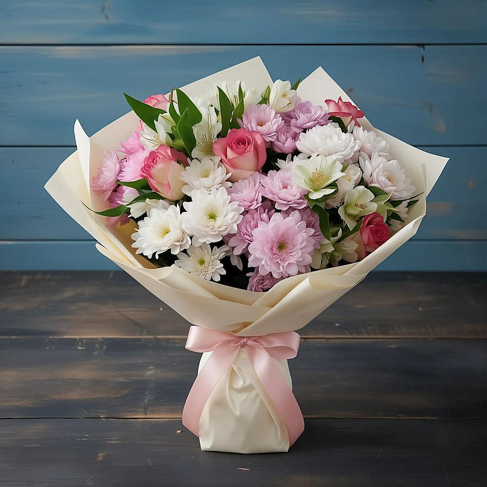 Букет цветов из: Хризантемы, Альстромерии и Розы в Лесном Рязанской области